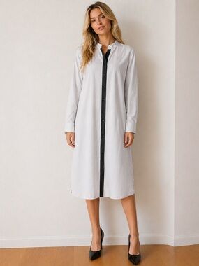 EPK White Button Front Shirt Dress – Black Trim Midi (Size M)